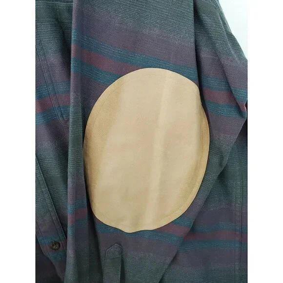 Cabelas‎ Striped Button Up Long Sleeve Elbow Patch Suede Leather Accent Shirt XL - Picture 4 of 6